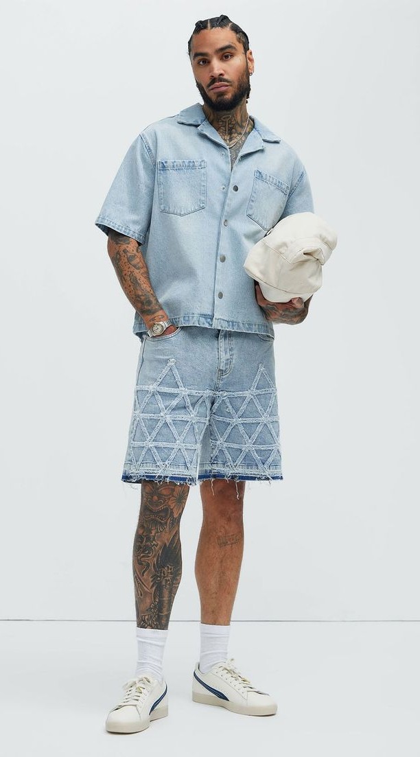 Light-Wash Denim Shirt With Shorts