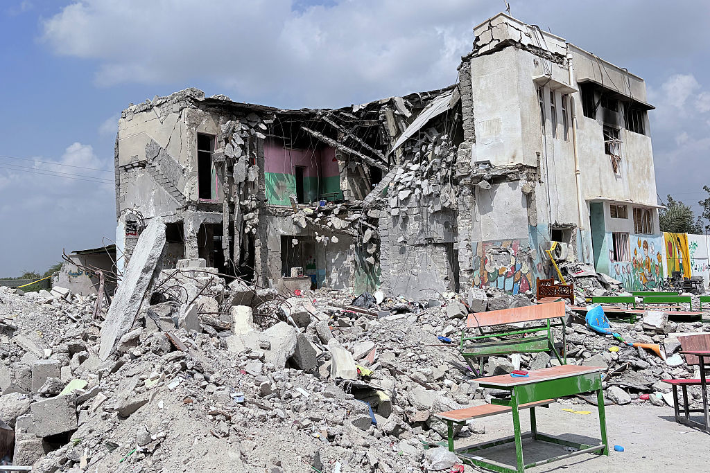Rubble and debris visible at the Shajarah Tayyebeh girls&rsquo; school in Minab, Iran, after it was destroyed in an apparent US missile strike