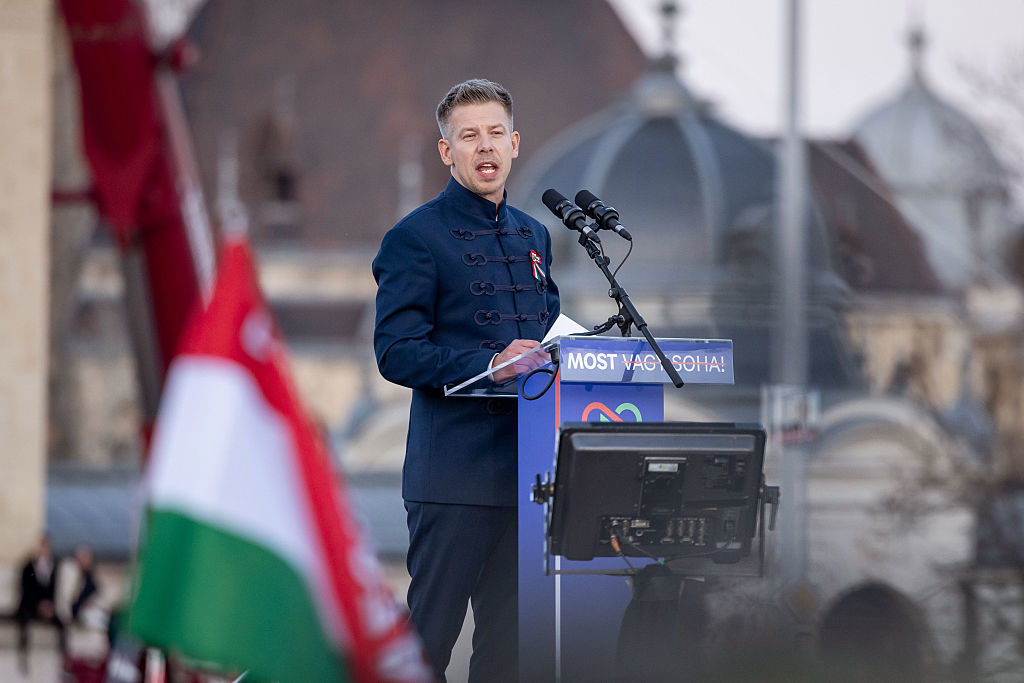 Hungarian opposition leader Peter Magyar speaks at a rally in Budapest, Hungary, March 15, 2026