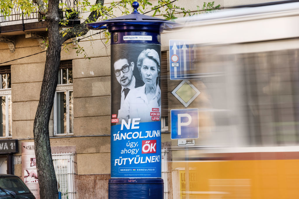 A poster of Alex Soros, son of George Soros, and EU Commission President Ursula von der Leyen, seen in Budapest, Hungary, November 22, 2023