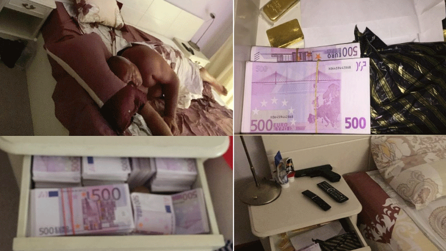 Photos of Boris Borissov sleeping next to a handgun and stacks of euro banknotes