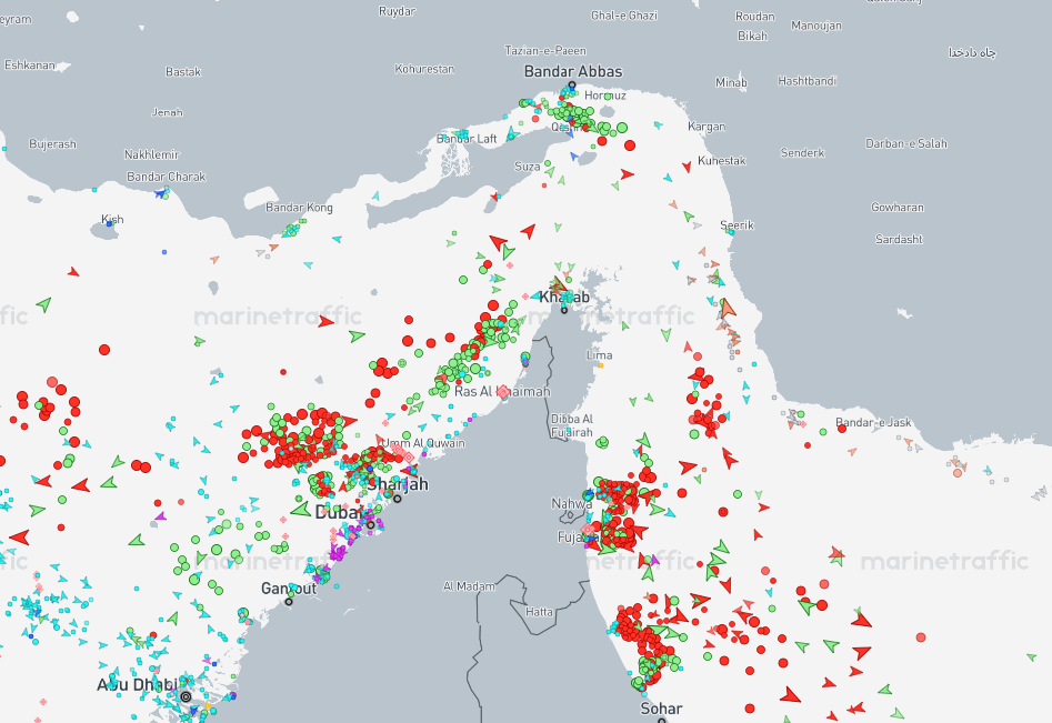 Marine traffic backed up on either side of the Strait of Hormuz, April 29, 2026