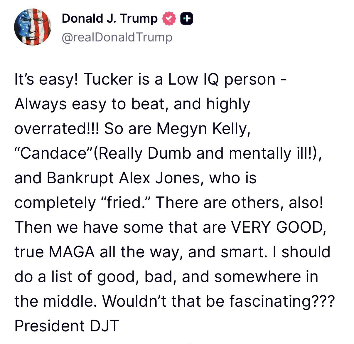 A Truth Social post by Donald Trump addressing Tucker Carlson and other critics, April 17, 2026