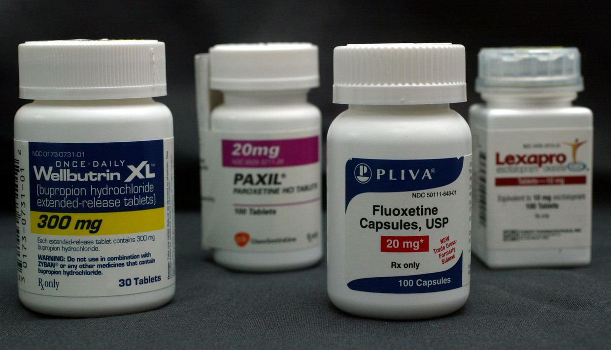 Bottles of common antidepressant pills