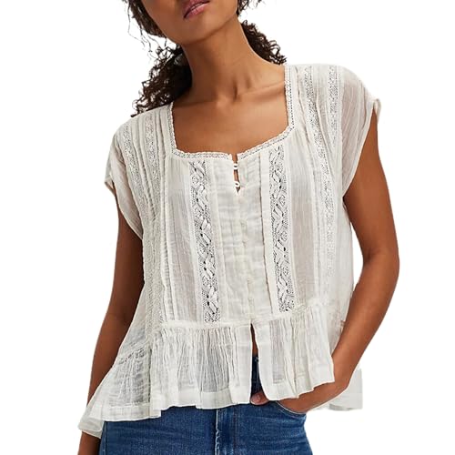 Women Y2k Semi Sheer Blouse Shirt Lace Trim Button Down Short Sleeve Round Neck Casual Going Out Tops Streetwear(white,m)