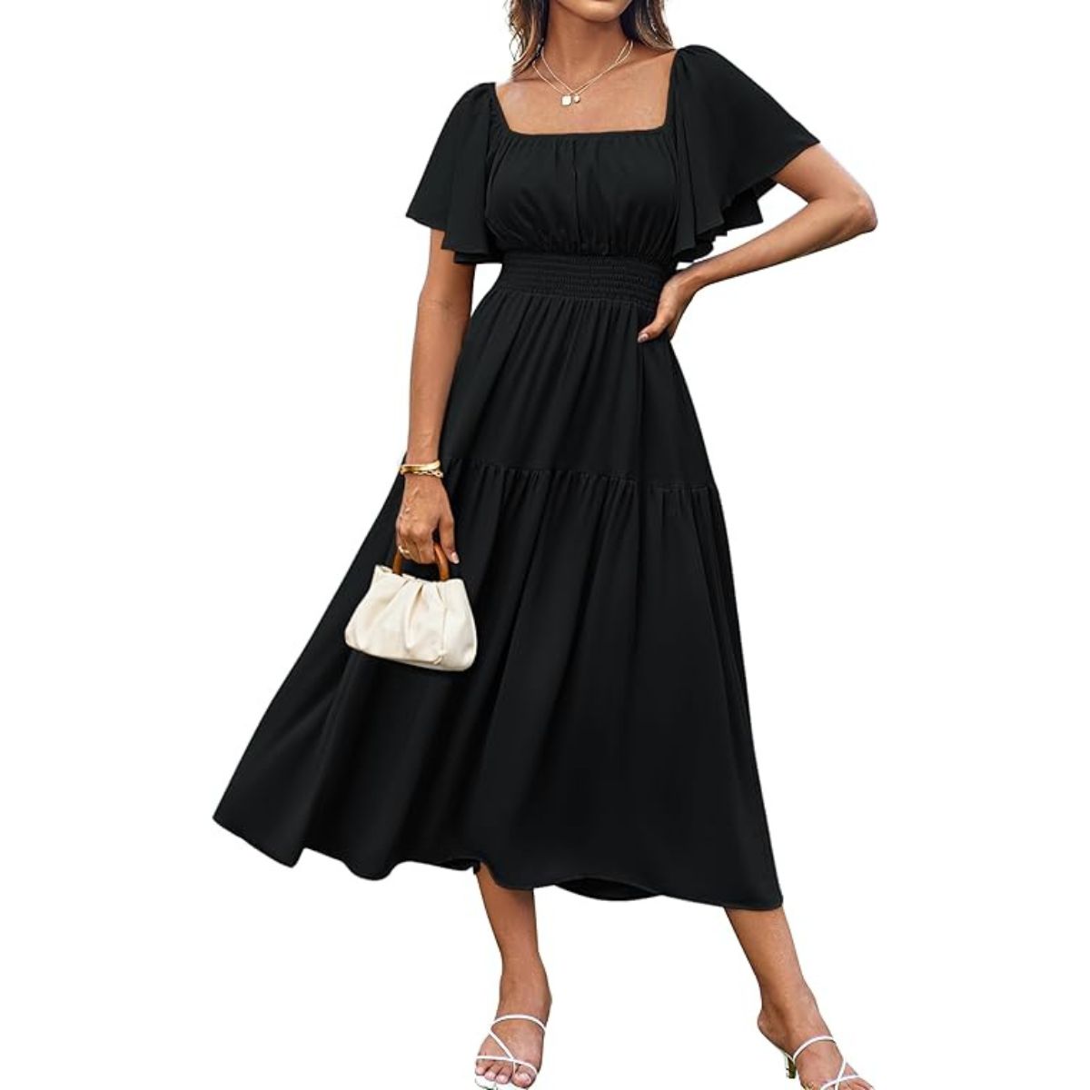 Grace Karin Women's Casual Flowy Ruffle Dresses Square Neck Short Sleeve Summer Chiffon Dress Black L