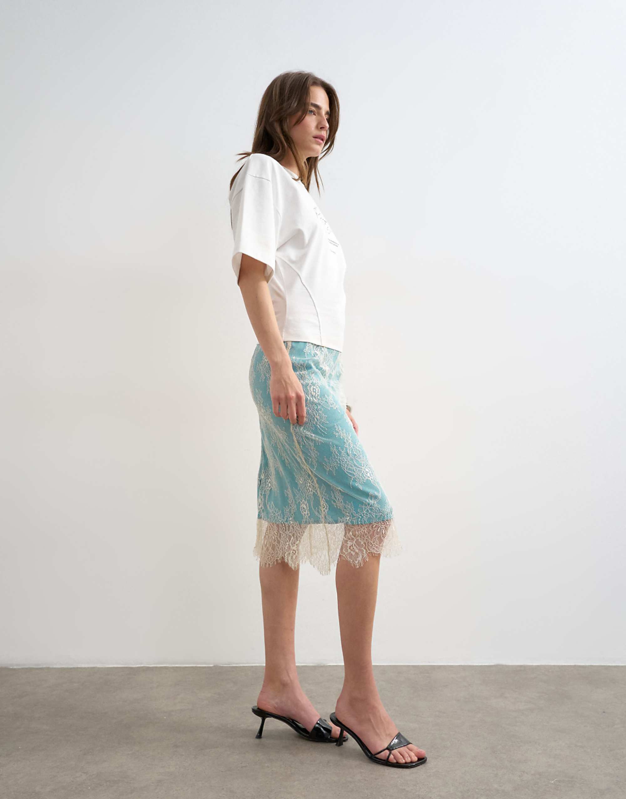 Topshop Lace Midi Skirt With Blue Insert in Ecru