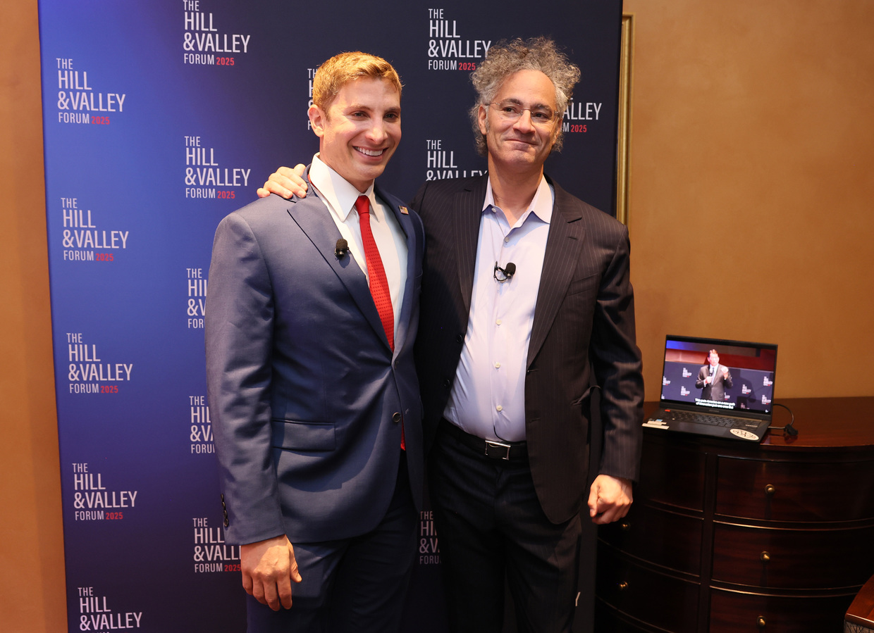 Jacob Helberg and Palantir Technologies CEO Alex Karp attend the Hill & Valley Forum 2025 in Washington DC, April 30, 2025