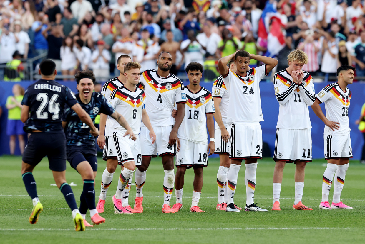 German players react to their loss to Paraguay at a World Cup Round of 32 match in Boston, Massachusetts, June 29, 2026
