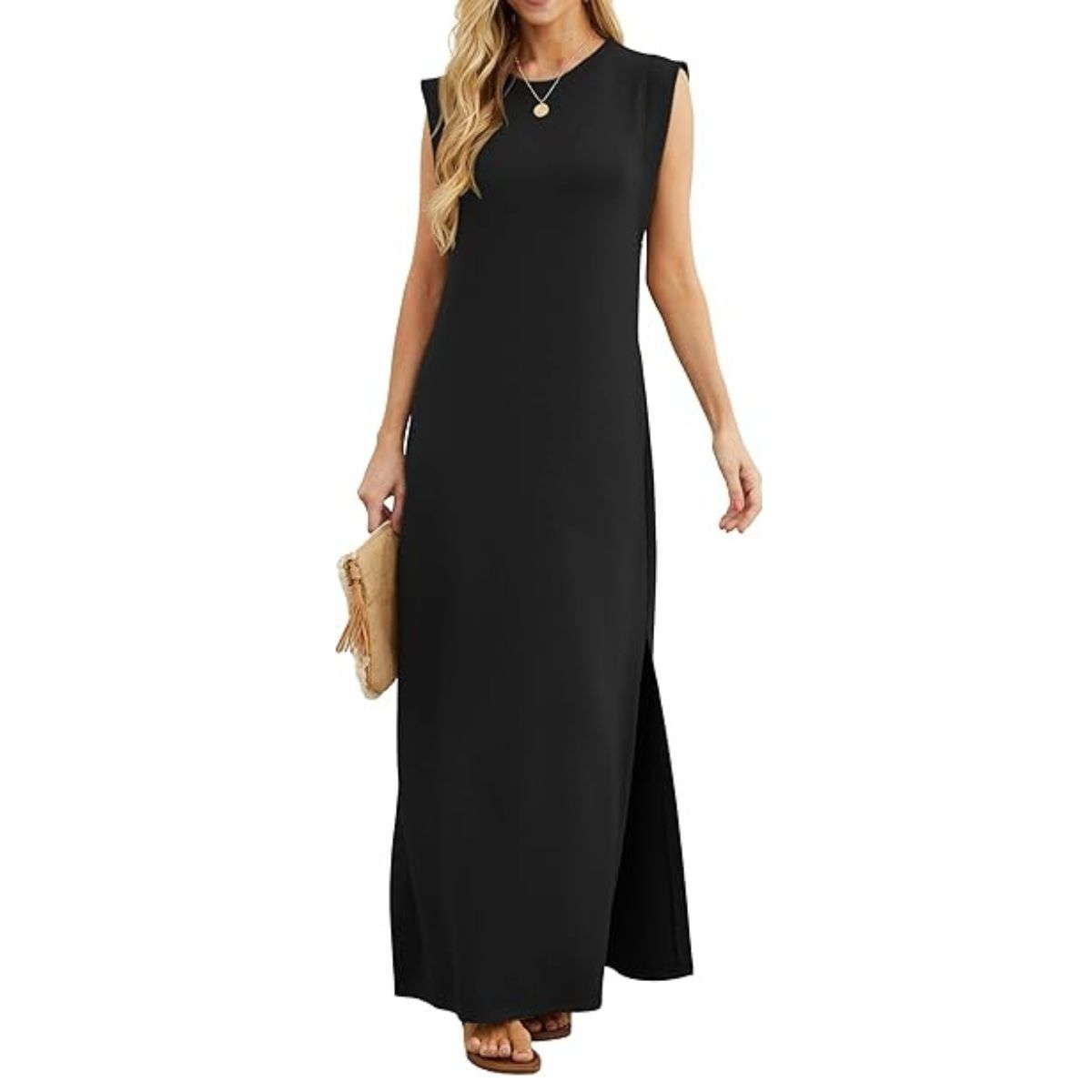Grecerelle Womens Summer Maxi Dress Casual Shirt Dresses Elegant Styles Basic Sleeveless Maxi Dresses for Women Uk With Split and Pockets (black, M)