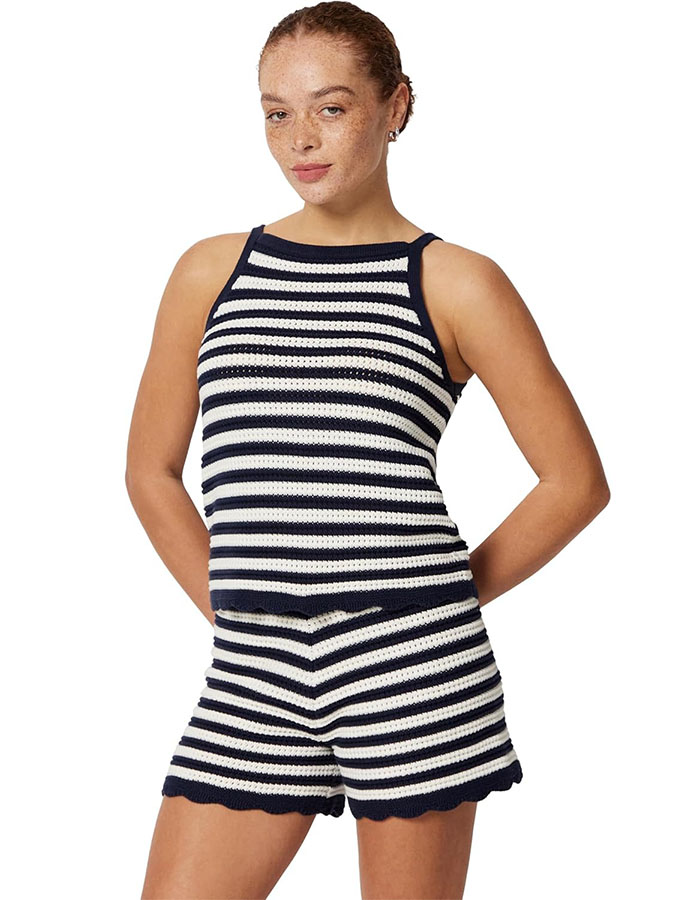 Amazon Essentials X Sofia Grainge Women's Mommy & Me Cotton Crochet Sweaters & Tank Sets, Ivory Navy Polo Stripe, Large