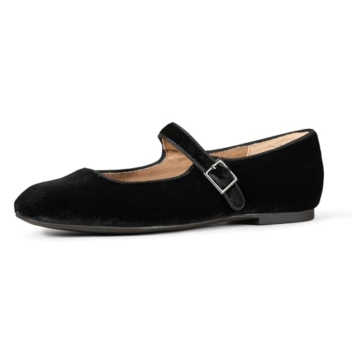 Amazon Essentials Women's Mary Jane Ballet Pumps, Black Velvet, 5.5 Uk