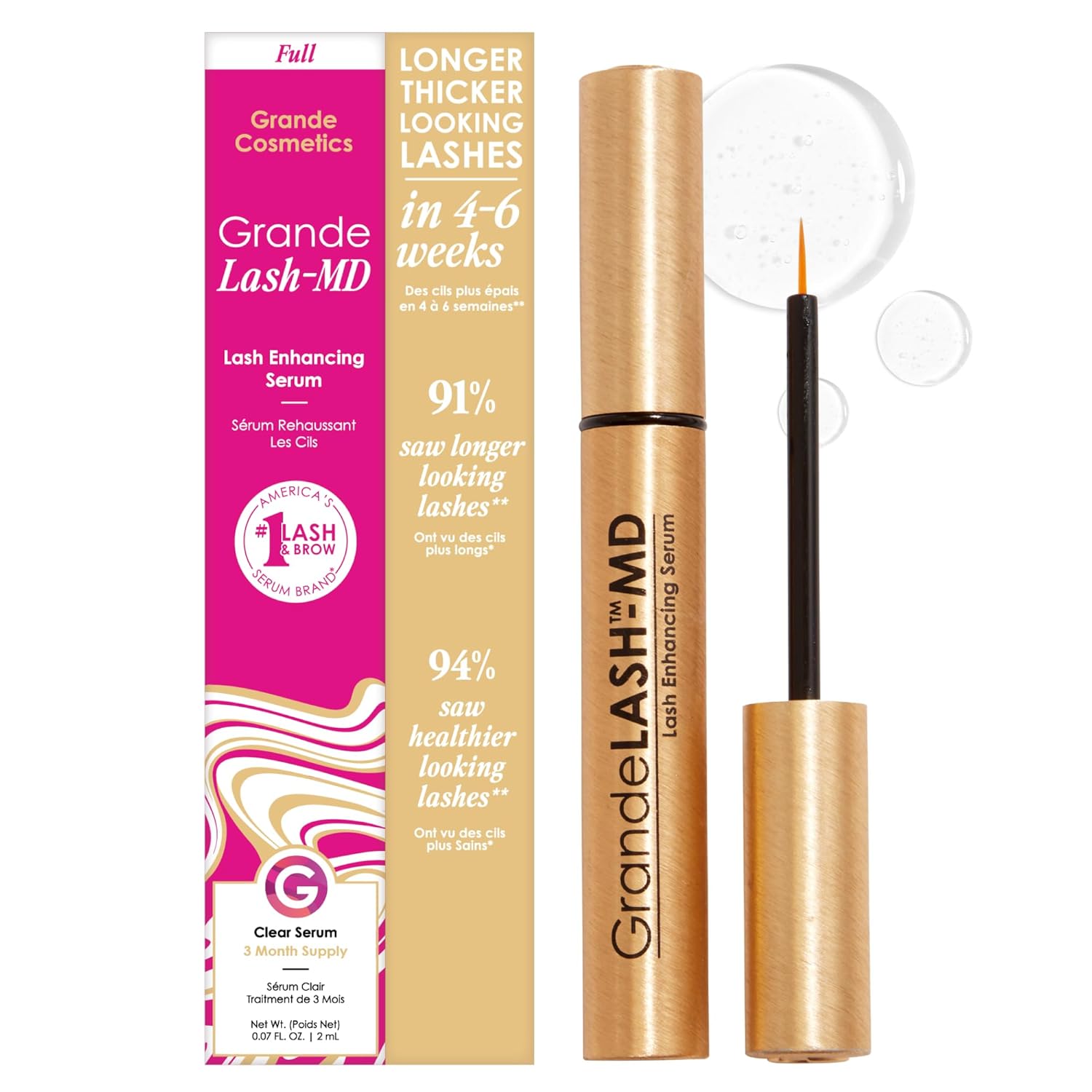 Grande Cosmetics, Grande Cosmetics Grandelash-Md Lash Enhancing Serum - Peptide & Vitamin Infused Formula for Longer, Thicker, Fuller Looking Lashes - Ophthalmologist Tested, Cruelty-Free, 3 Month Supply (2ml)