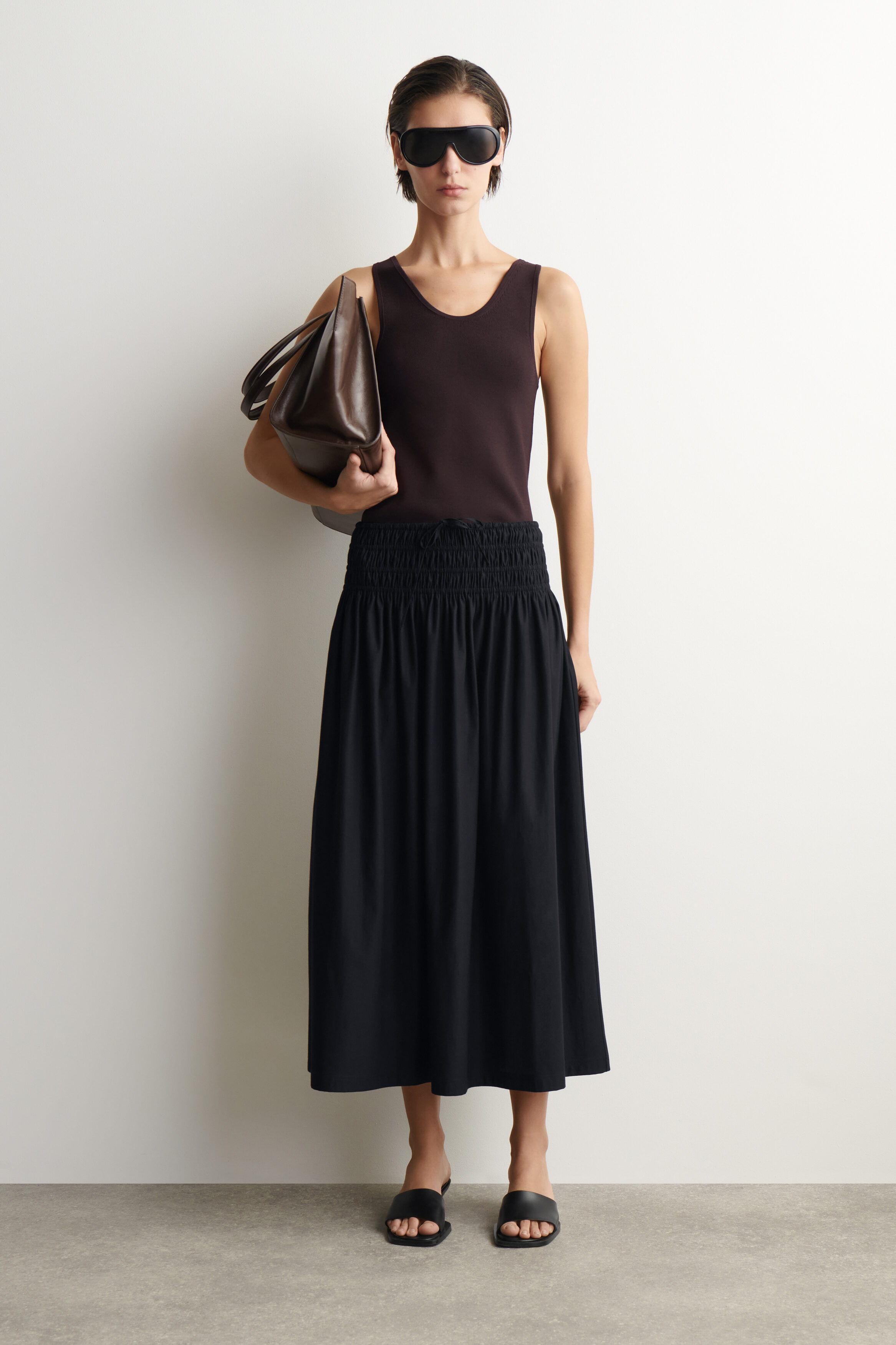 Ruched-Waist Midi Skirt