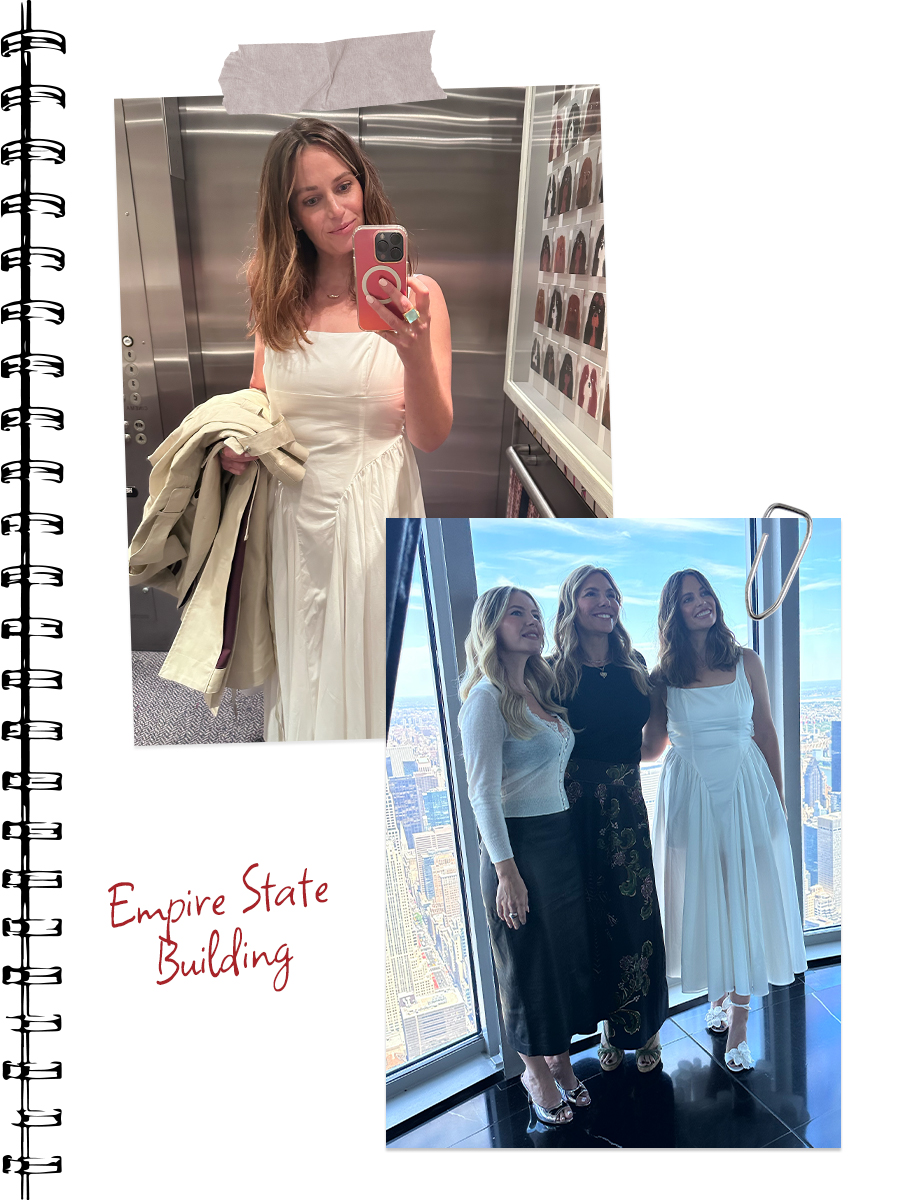 Top: Carley Fortune takes a selfie in an elevator wearing a white dress. Bottom: Carley Fortune poses with Elisha Cuthbert and Every Year After showrunner at the Empire State Building.