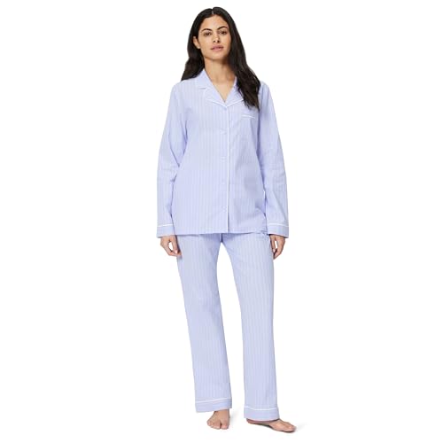 Amazon Essentials Women's Cotton Stretch Poplin Pajama Set, Long Sleeve Button-Down Shirt With Pants, Blue Pinstripe, Xx-Large