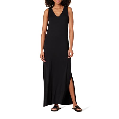 Amazon Essentials Women's Side-Slit Jersey V-Neck Maxi Length Dress, Black, Medium