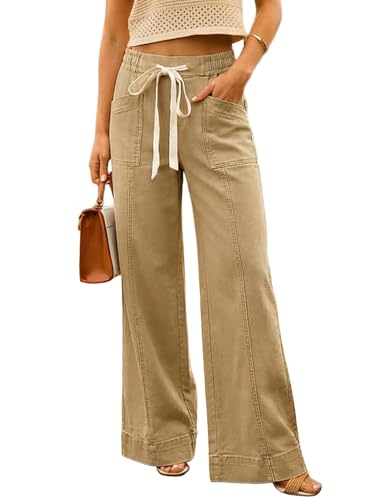 Shewin Wide Leg Drawstring Womens Jeans Elastic Waist Baggy Summer Pants High Waisted Stretchy Jeans for Women 2026 Casual Loose Denim Pants With Pockets Beige Size 8