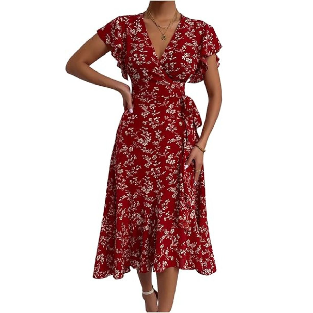 Gorglitter Women's Floral Wrap V Neck Flowy Midi Dresses Ruffle Cap Sleeve Tie Knot Flared Ruffle Going Out Dress Burgundy Small