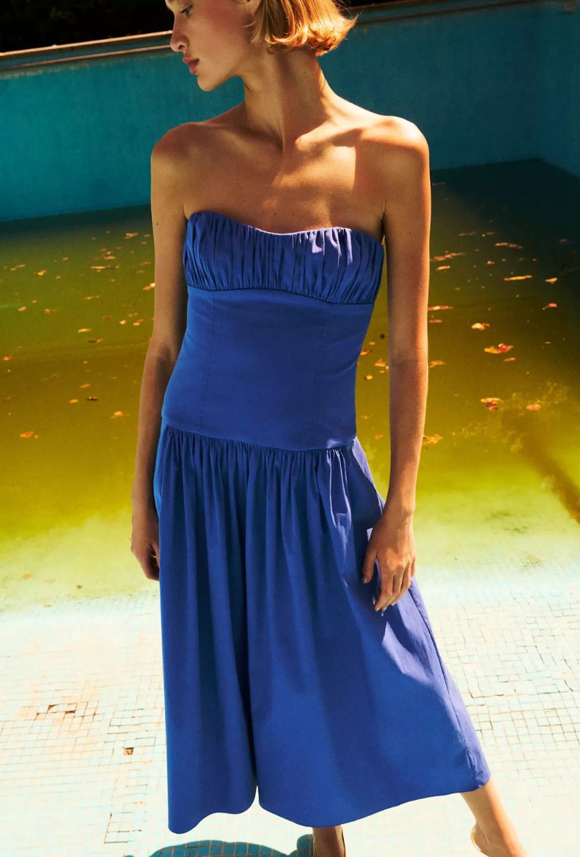 MANGO, Ruched Strapless Dress