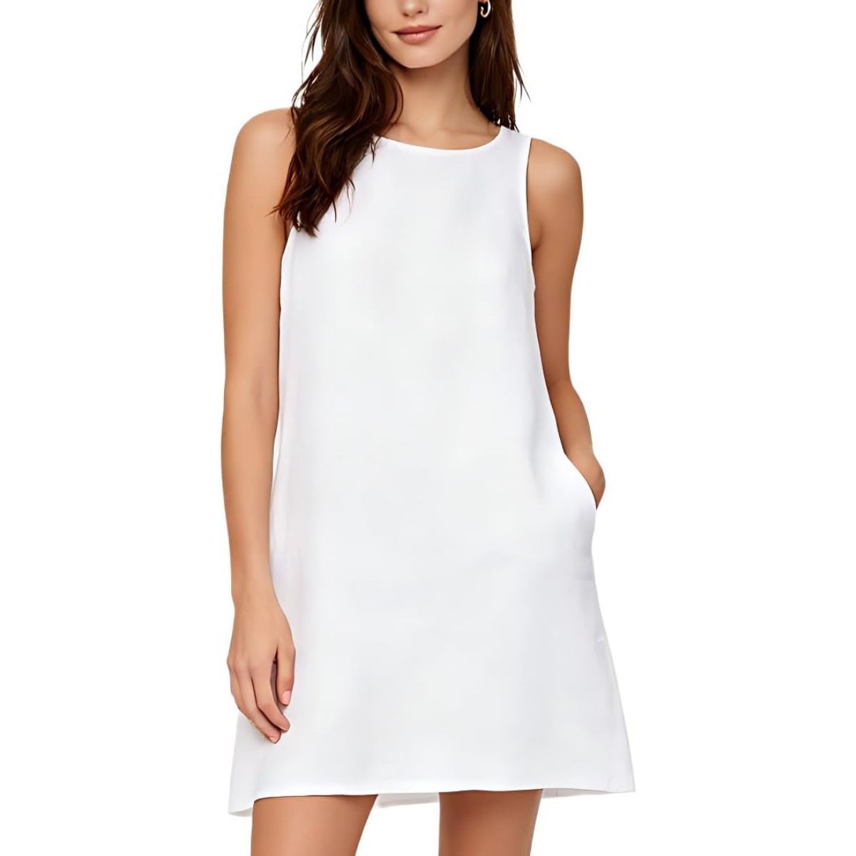 Amazhiyu Women's Pure Linen Tank Dress With Pockets, Casual Summer Crew Neck Sleeveless Dress White S