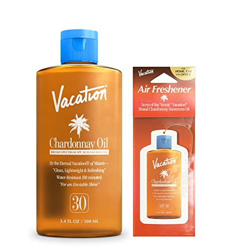 Vacation Chardonnay Oil Spf 30 Sunscreen Oil and Air Freshener Bundle, 3.4 Fluid Ounces - Hydrating, Lightweight, Reef Safe, Transparent on All Skin Tones, Tanning Glow, Vegan