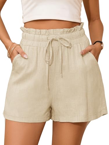 Stylsense Ladies Shorts Womens Summer Cotton Linen Shorts for Women Uk Elastic High Waist With Pockets Beige