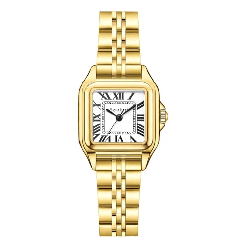 Szaikyri Classic Square Watches for Women With Roman Numerals Ladies Casual Dress Watch (gold White)