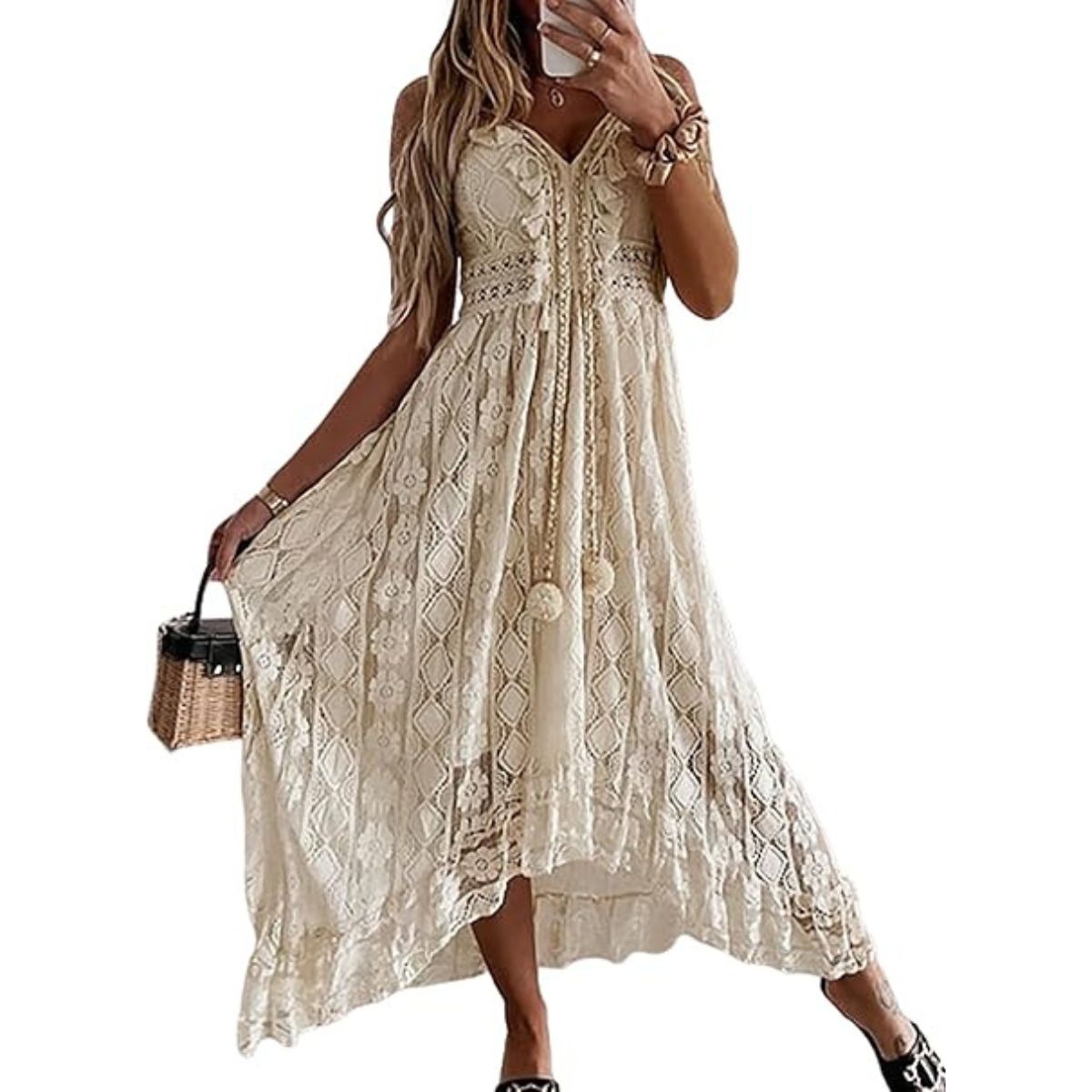 Cupshe Women Maxi Dress V-Neck Tassel Ruching Dress for Women Sleeveless Lace Up Smocking Ruffle Beige M
