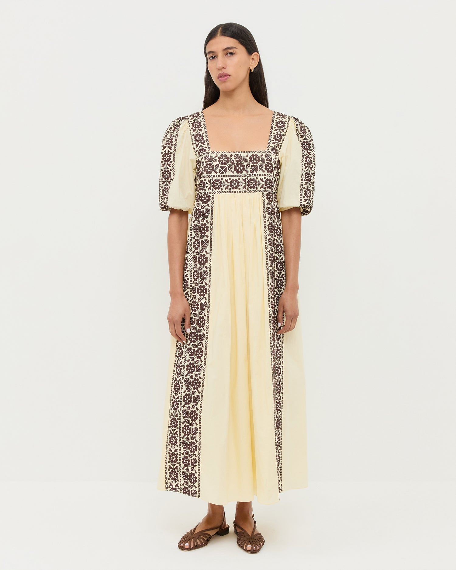 Lotus Embroidered Dress - Butter/brown / Xxs