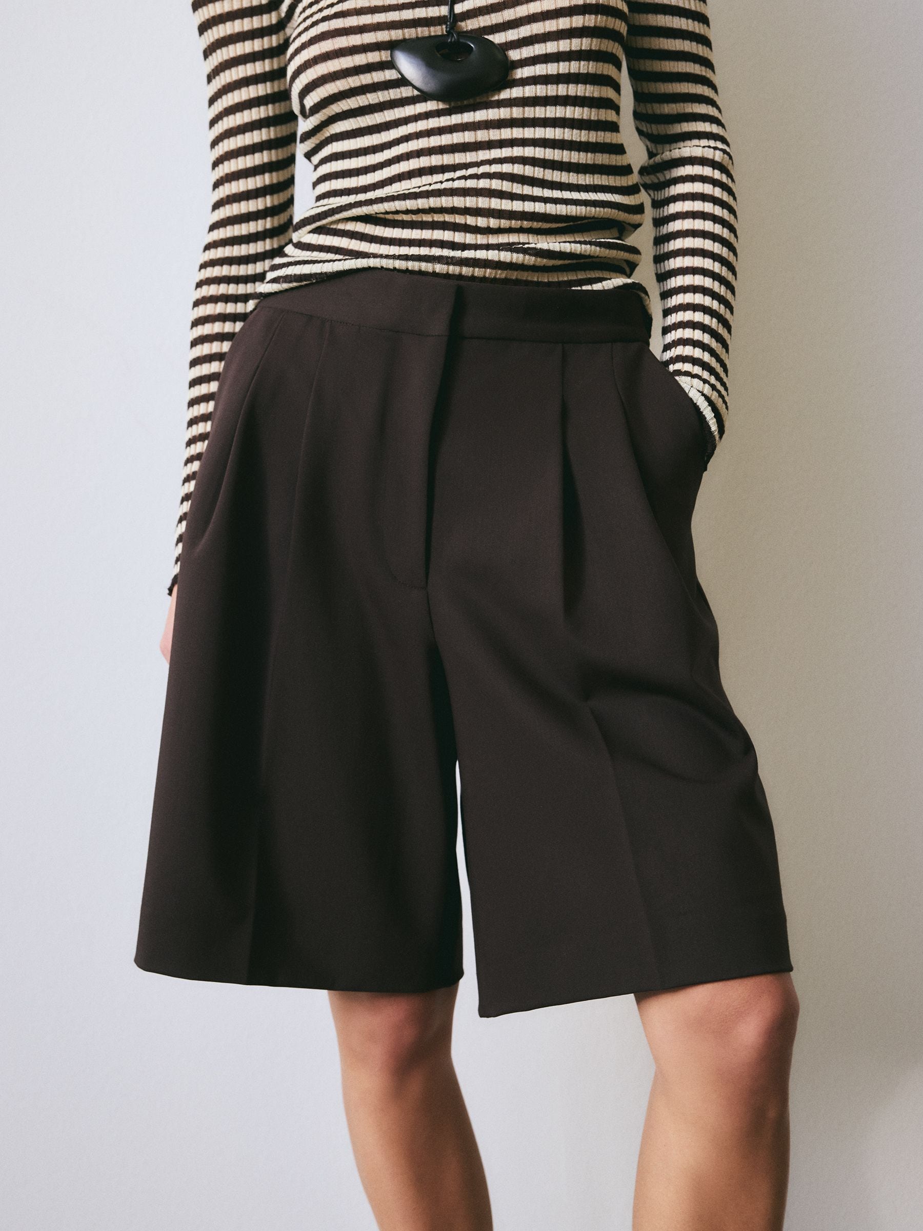 Bhoem Chocolate Brown Pleated Tailored Bermuda Shorts - Size 6
