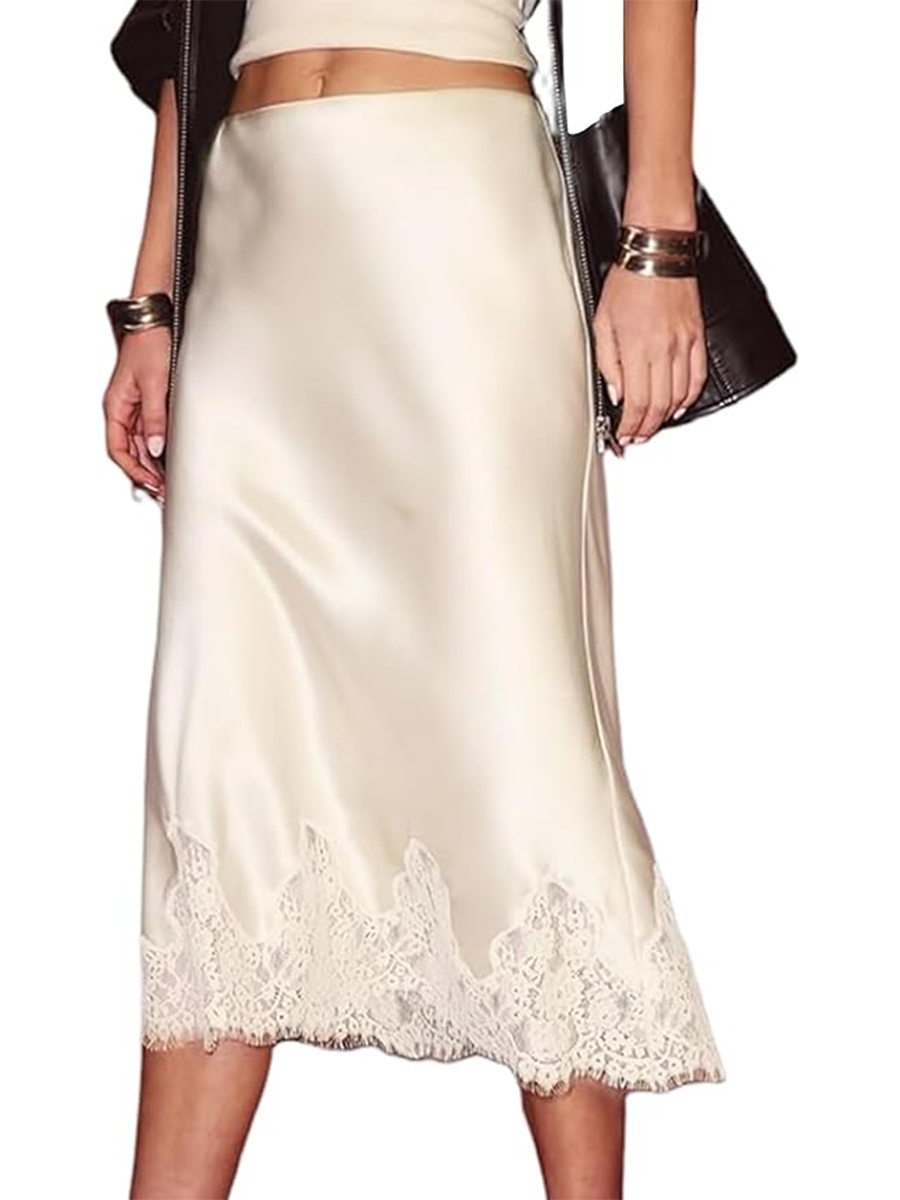 Yimoon, Lace Trim Satin Midi Skirt