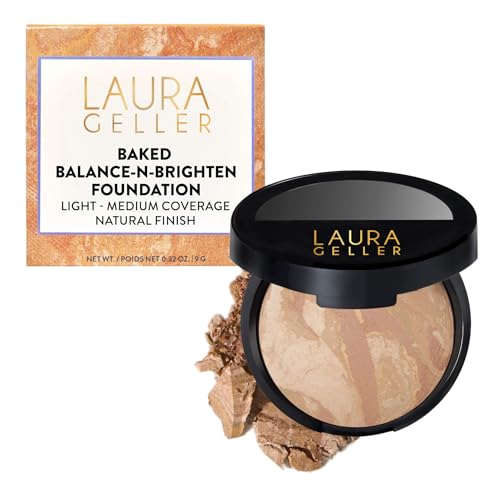 Laura Geller New York Award-Winning Baked Balance-N-Brighten Color Correcting Powder Foundation – Handmade in Italy – Buildable Coverage, Matte Finish – for Mature & Sensitive Skin – 03 Light