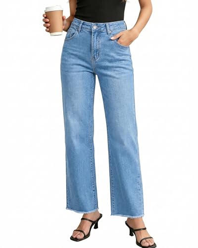 Grapent Women's Clothing Womens High Waisted Pants Womens Straight Leg Jeans Medium Blue Large Fits Us Size 12 to 14