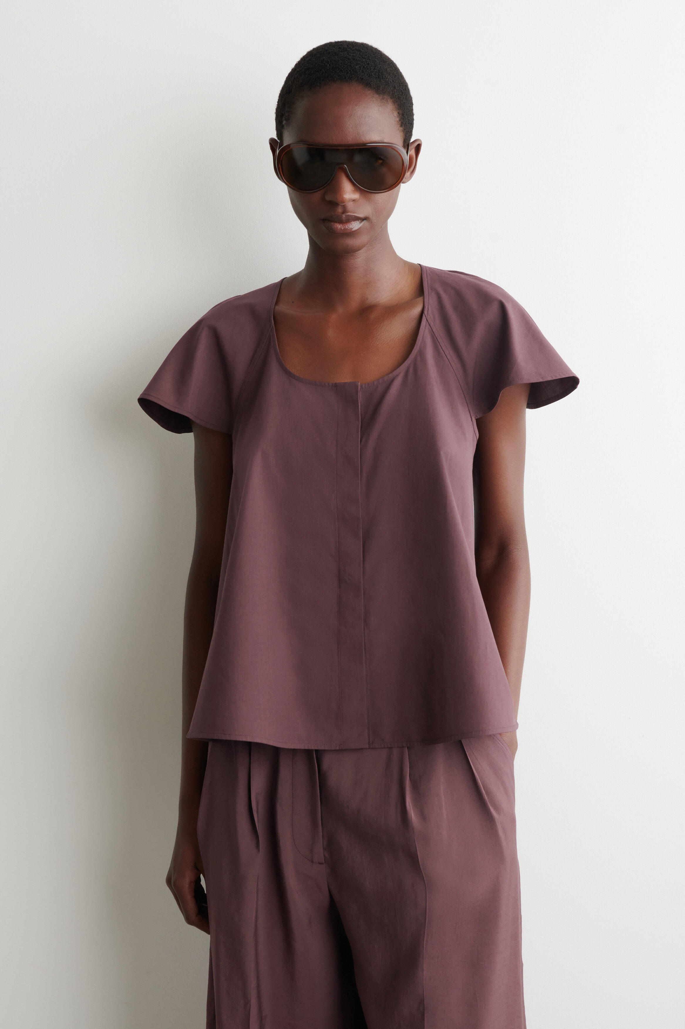 Fluted-Sleeve Cotton Blouse