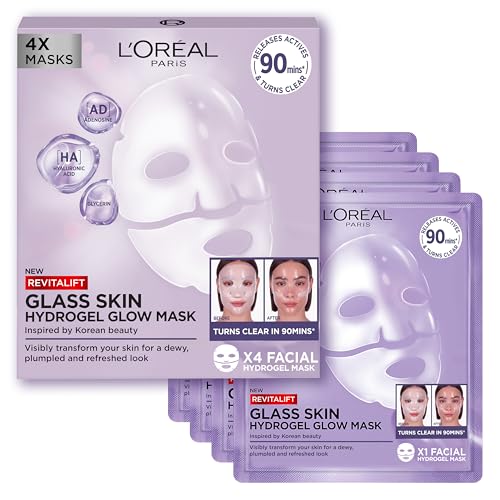 L'oreal Paris Glass Skin Korean Face Mask 4 Pcs, Revitalift Filler Hydrogel Glow Mask, Korean Inspired Skincare, Visibly Transform Skin, Dewy, Plumped and Refreshed Look