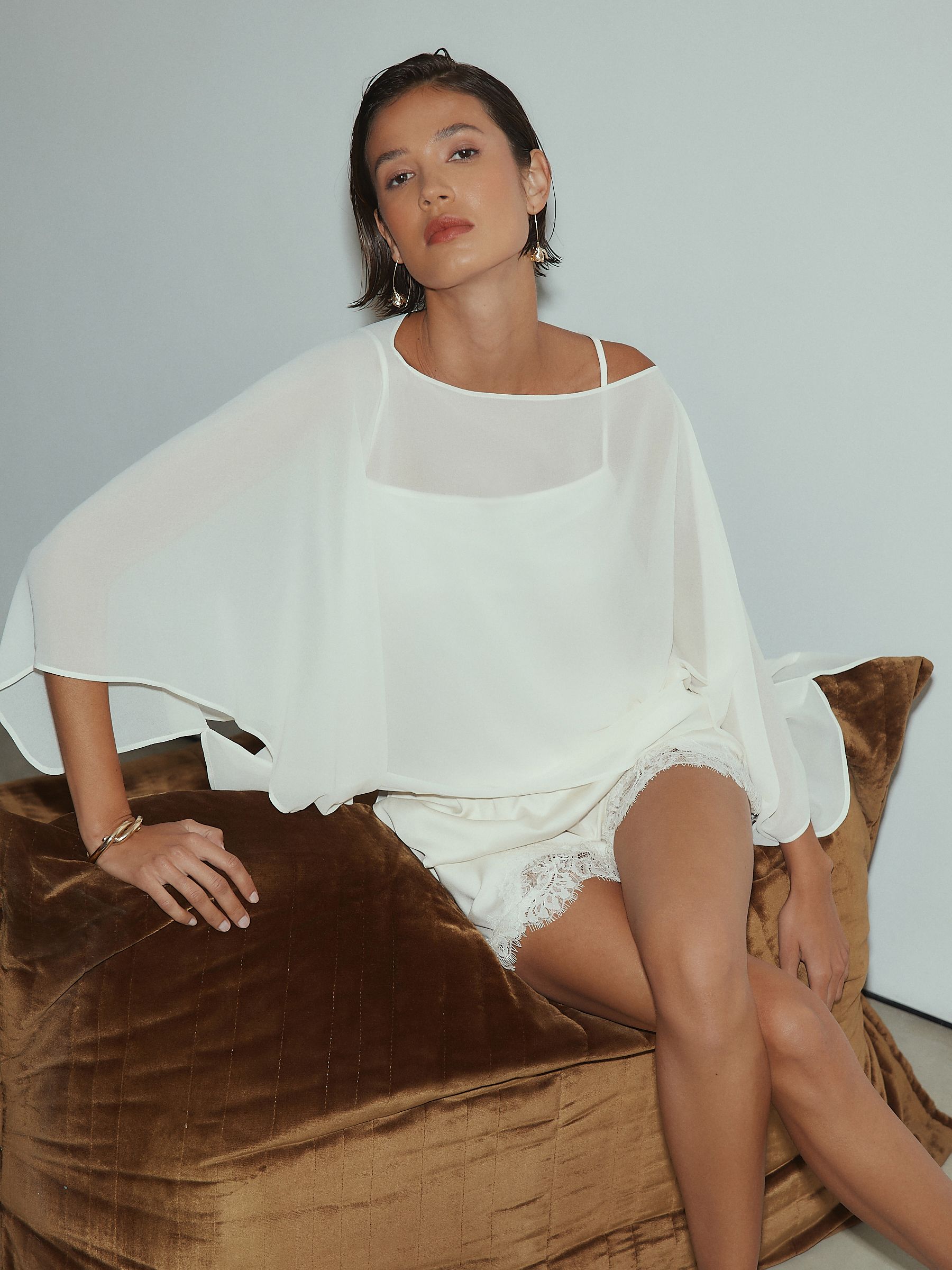Ecru Sheer Layer Cape Sleeve Top With Cami - Size 6