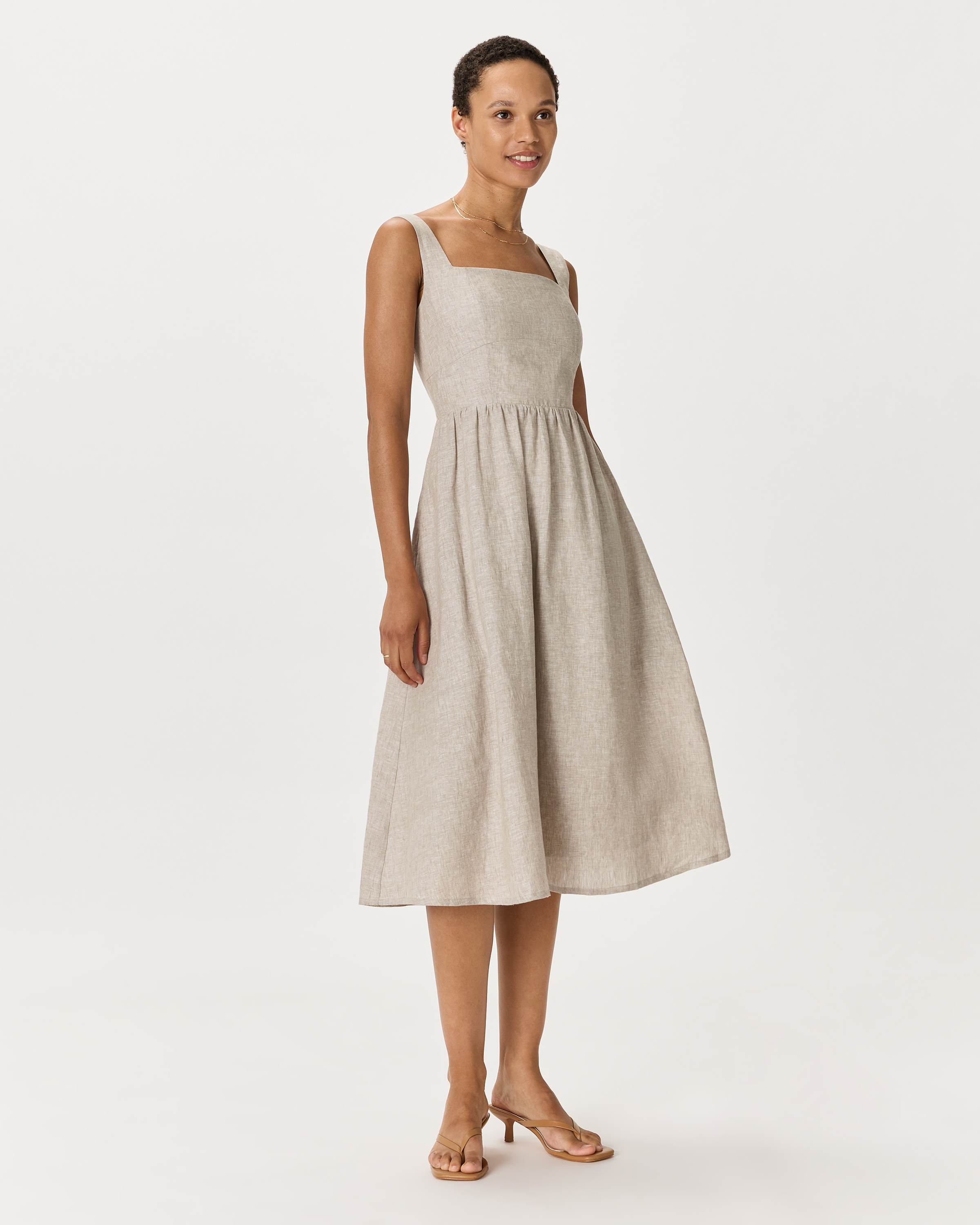 100% European Linen Fit & Flare Midi Dress in Flax