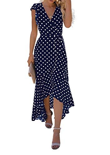 Grecerelle Womens Summer Maxi Dress Boho Floral Cocktail Midi Polka Dot Wrap Dresses V Neck Casual Party Bohemian Flowy Long Dress for Ladies