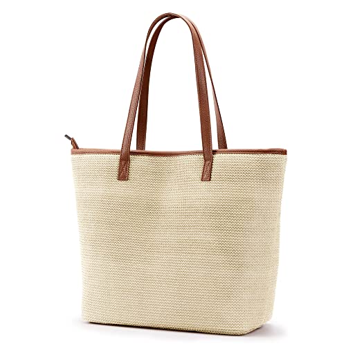 Kalidi Straw Tote Beach Bag Striped Shoulder Handbag Stitch Woven Pu Leather Handle Zipper Closure Inner Pocket Travel Shopping Picnic