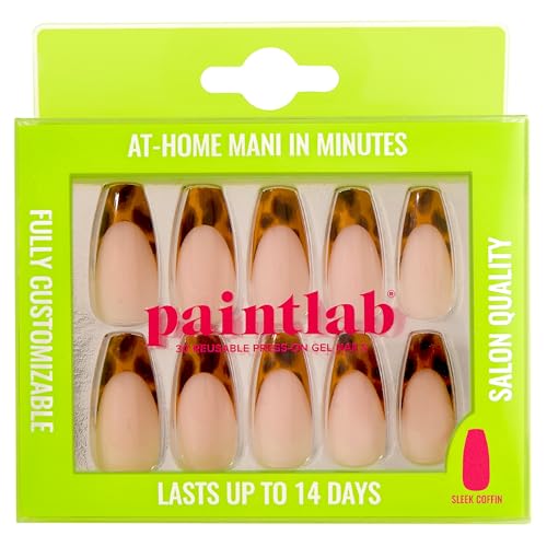 Paintlab Long Coffin Press on Nails - Tortoise Chic Nail Press Ons, 30 Nails in 15 Sizes With Glue, Reusable Salon Quality Press on Nails Coffin
