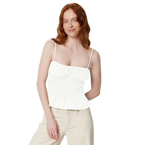 Amazon Essentials Women's Regular-Fit Smocked Cotton Stretch Poplin Tank, Bright White, Small