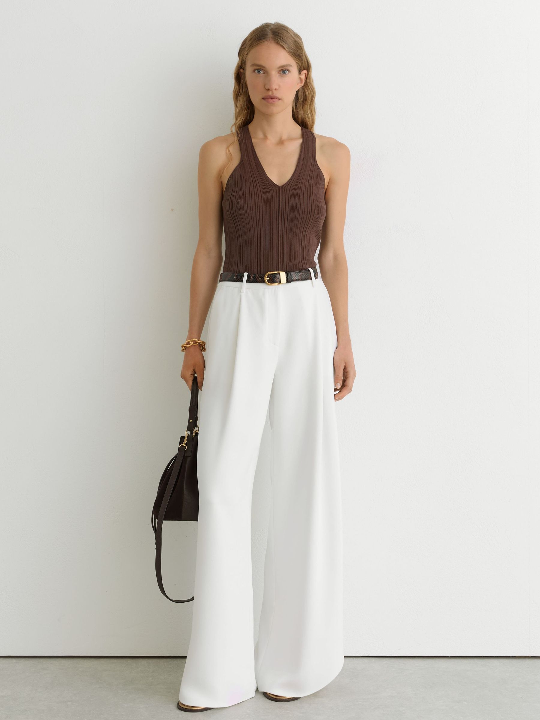 Pleated Knit V-Neck Vest in Chocolate Brown - Size X-Small