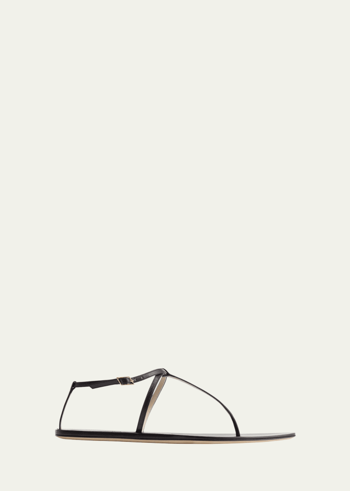 Mono Leather T-Strap Flat Sandals