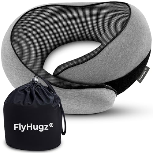 Flyhugz&reg; Neck Travel Pillow Memory Foam Neck Pillow for Comfort on Airplane Compact and Ergonomic Design for Travel, Car Rides, and Home Use Ideal for Adults and Kids.