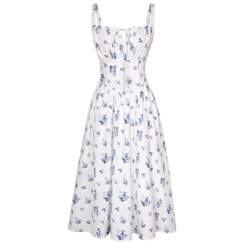 Scarlet Darkness Women Summer Dresses Casual Floral Beach Sundress A-Line Sleeveless Spaghetti Strap Victorian Milkmaid Corset Dress L Light Blue
