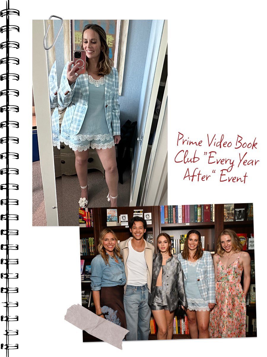 Top: Carley Fortune takes a selfie wearing a blue and white plaid blazer over a matching top and shorts set. Bottom: The cast and creators of Every Year After pose at a book event.