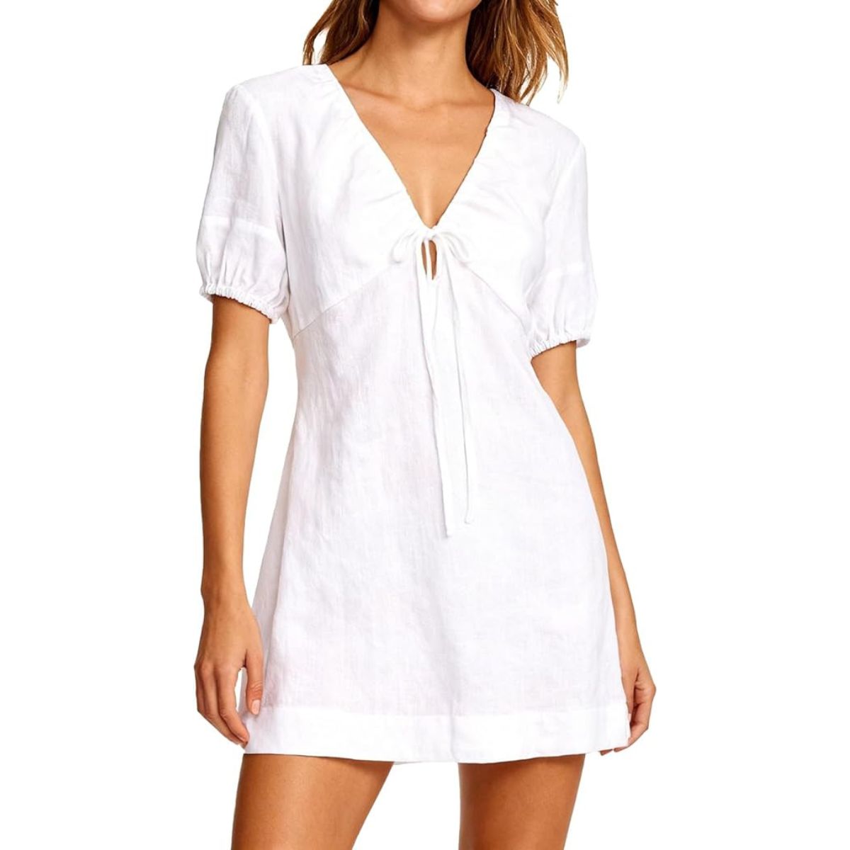 Amazhiyu Women 100% Linen Dress, Casual Short Sleeve V Neck Mini Linen Dress for Summer White S