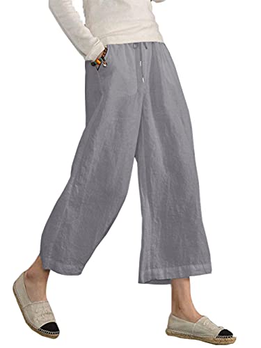 Famulily Women's Cotton Linen Trousers Wide Leg Casual Loose Cropped Pants With Pockets Grey L