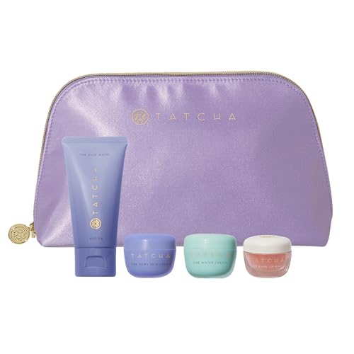 Tatcha's Travel Essentials Set - Trial-Size Bestselling Japanese Skincare - Travel Bag With a Mini Rice Wash, Dewy Skin Cream, Water Cream, and Kissu Lip Mask - Tsa Friendly Kit & Gift Set